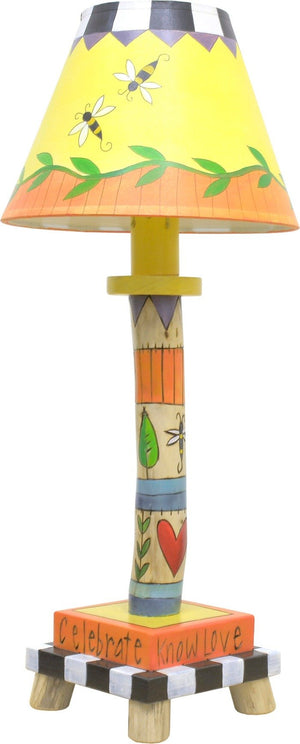 Log Candlestick Lamp –  Crazy quilt lamp base and coordinating shade done in a sunny color palette