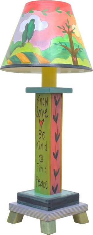 Milled Candlestick Lamp –  Beautiful landscape shade with tree of life and inspirational phrases on its base