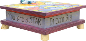 Keepsake Box – Pretty purple keepsake box with a lid featuring birds and a dragonfly floating in the sky