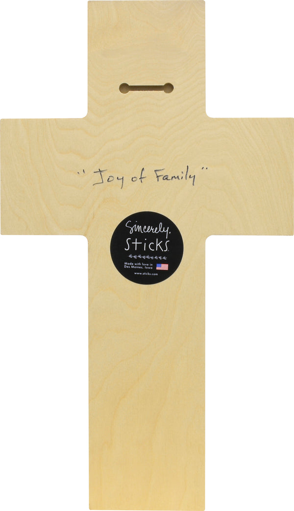 "Joy of Family" Cross Plaque – Beautiful artisan printed cross with family motifs back view