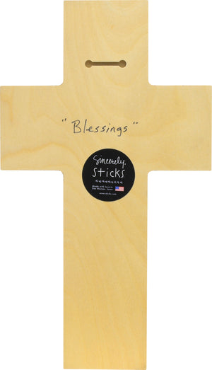 "Blessings" Cross Plaque – "Bless our Home" cross plaque with heart with wings and home motif back view