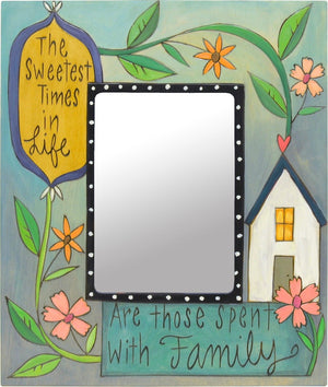 "The sweetest times in life are spent with family" frame with a floral vine accent and cozy house icon