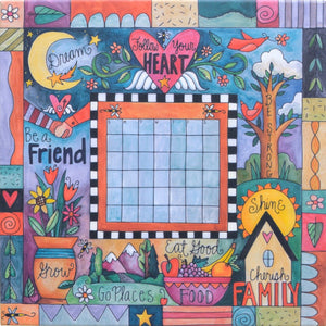 "This Sweet Life" Perpetual Calendar – Cute "follow your heart" floating icon and crazy quilt mashup motif on a canvas calendar without magnets