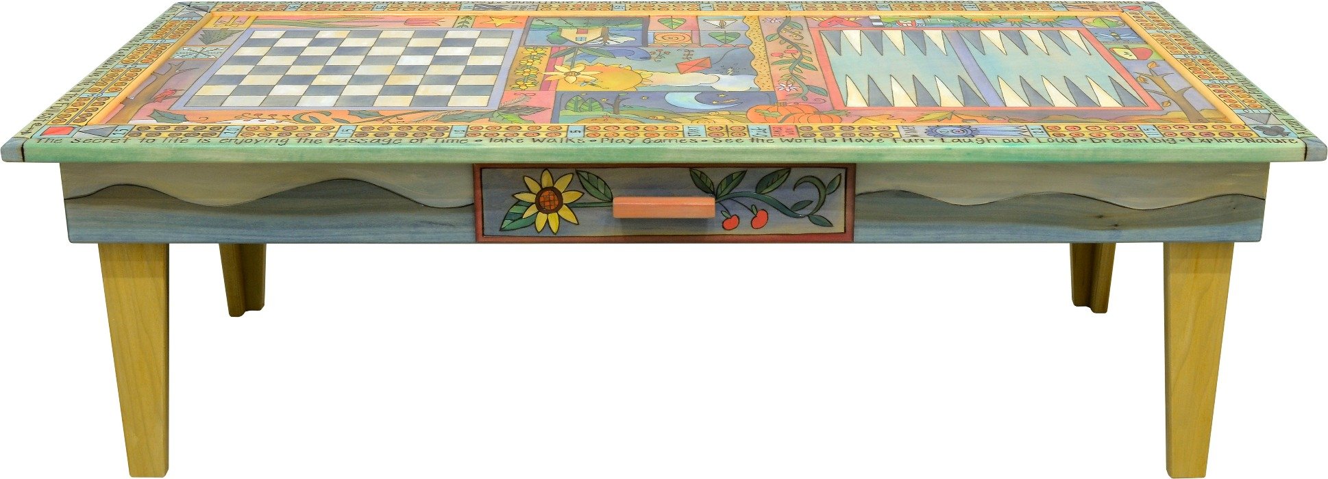 Urban Game Table –  Fun and festive general four seasons landscape theme done in a crazy quilt format