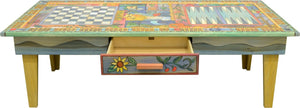 Urban Game Table –  Fun and festive general four seasons landscape theme done in a crazy quilt format