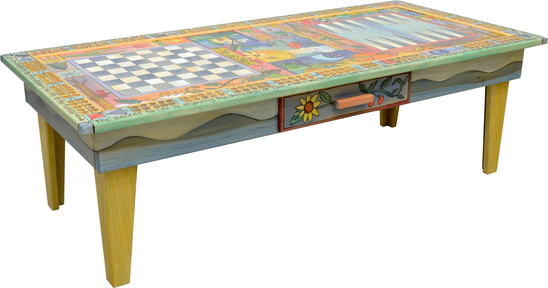 Urban Game Table –  Fun and festive general four seasons landscape theme done in a crazy quilt format