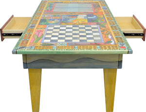 Urban Game Table –  Fun and festive general four seasons landscape theme done in a crazy quilt format