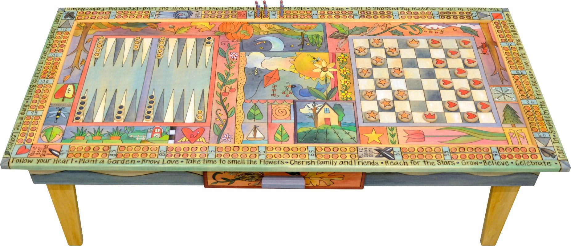 Urban Game Table –  Fun and festive general four seasons landscape theme done in a crazy quilt format