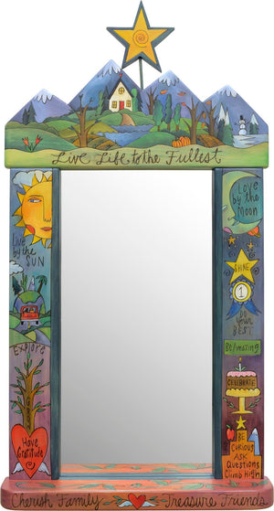 Large Mirror –  "Live life to the fullest" mountain top floating icon mirror motif