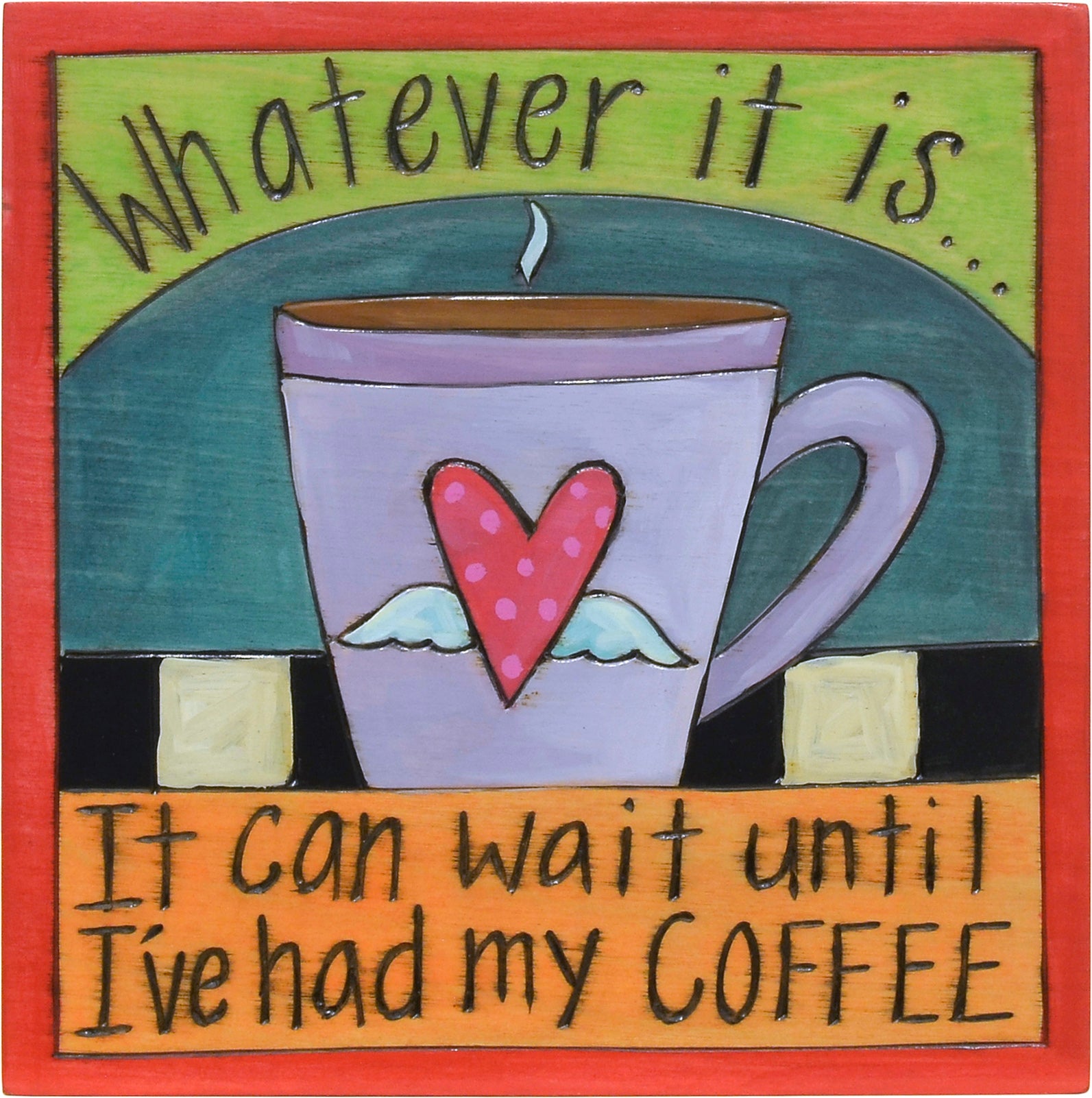 Sassy coffee quote plaque with a cute polka-dotted heart with wings mug