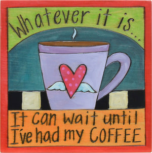 Sassy coffee quote plaque with a cute polka-dotted heart with wings mug