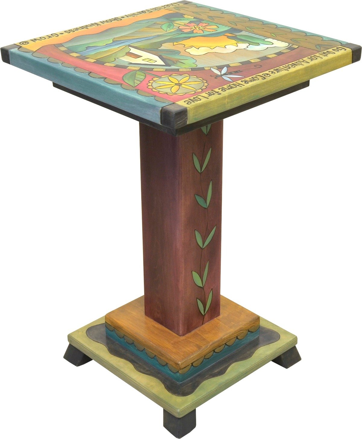 Handsome landscape motif end table with creeping vine on pedestal that also frames the top design, reverse side