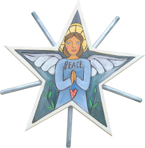 "Peace" angel tree star motif done in soft blues and silver