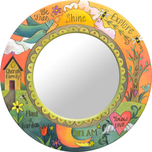 Small Circle Mirror –  Beautiful and vibrant floating icon mirror motif with coordinating inspirational phrases interspersed 