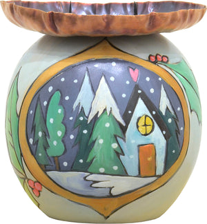 "Happy holidays together" candle holder with a cozy winter home motif