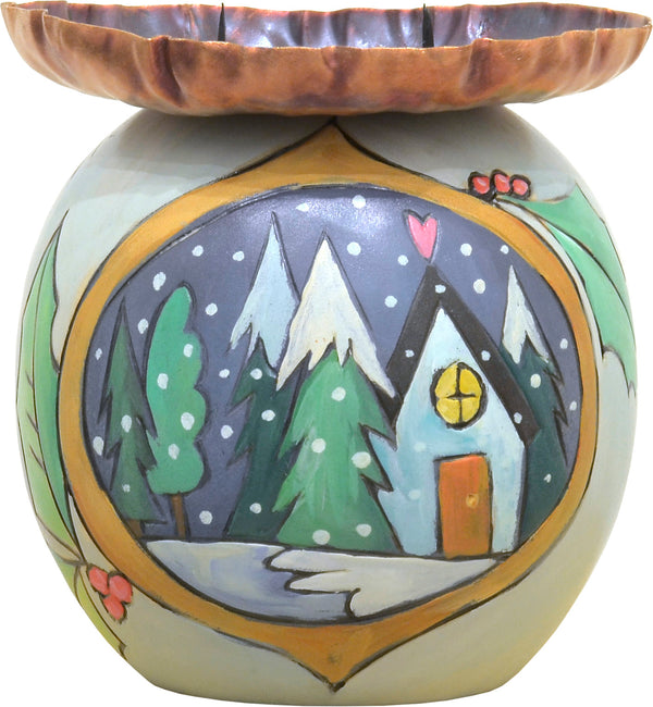 "Happy holidays together" candle holder with a cozy winter home motif