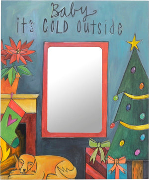 "Baby it's cold outside" photo frame with a dog snuggled by a fire design