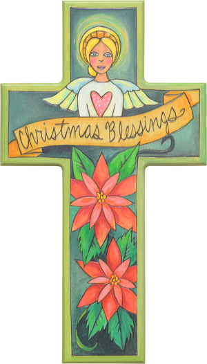 Festive "Christmas blessings" cross motif with a glowing Christmas angel and poinsettias below