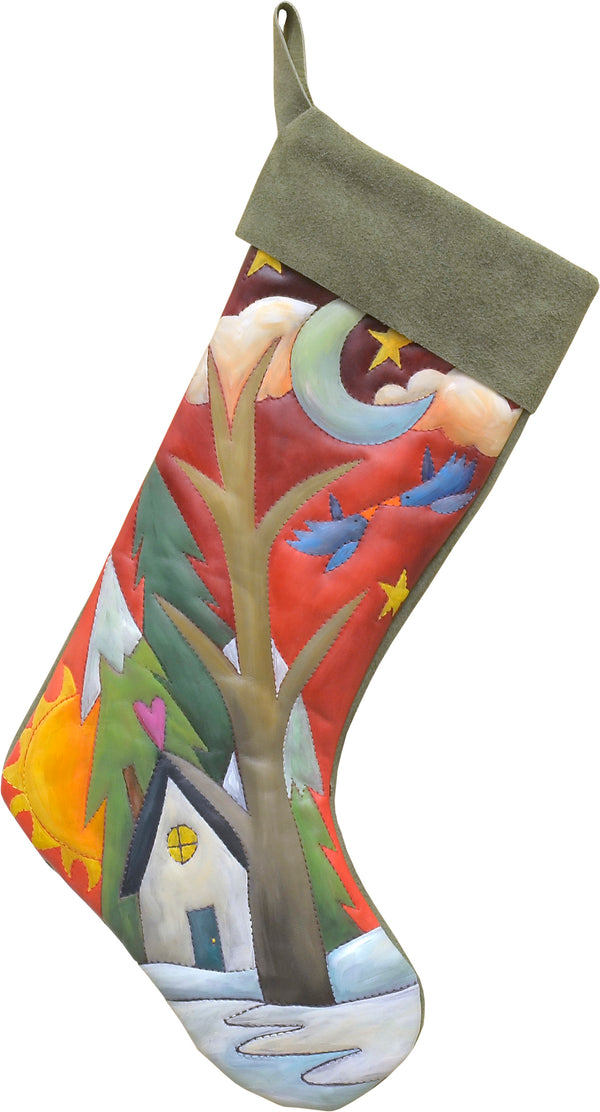 Love birds flying above a snow-filled landscape stocking motif