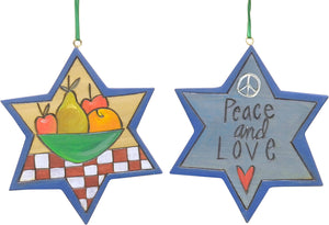 "Peace and love" star ornament with bowl of fruit motif