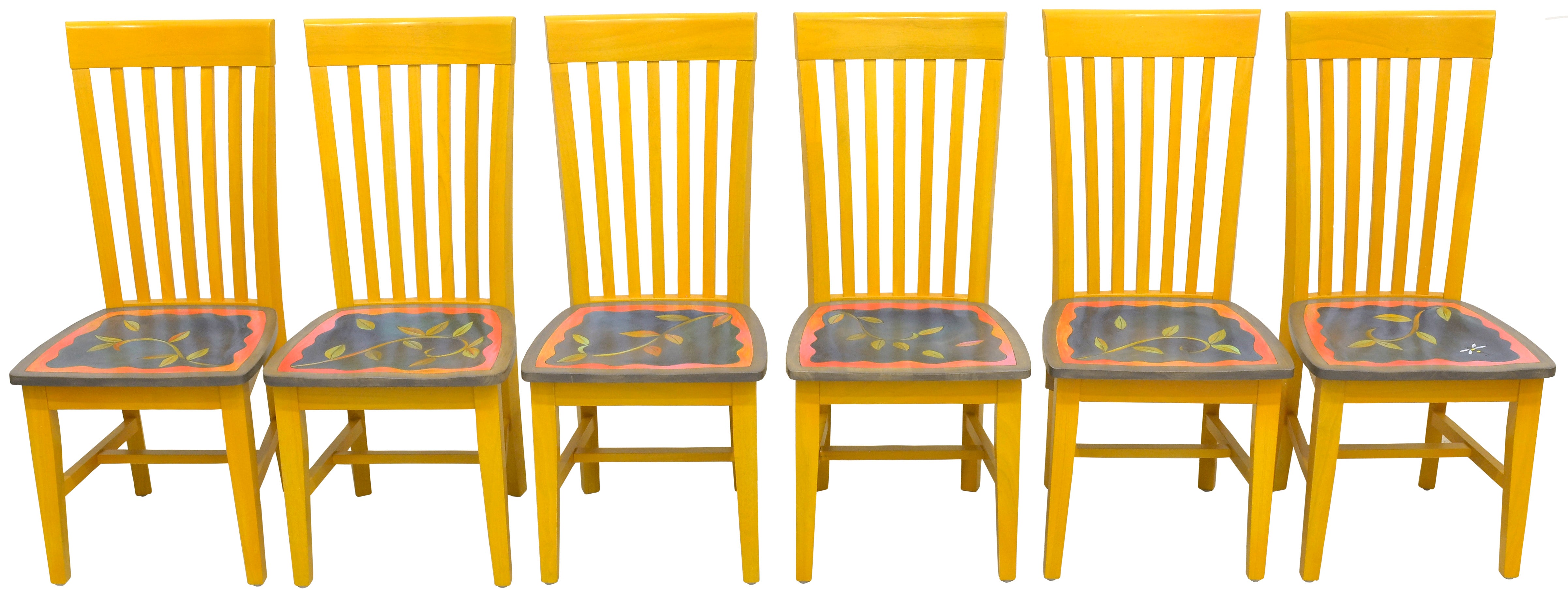 Understated, colorful chair set with vine motifs on the seats