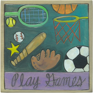 "Play games" floating sport icons plaque design