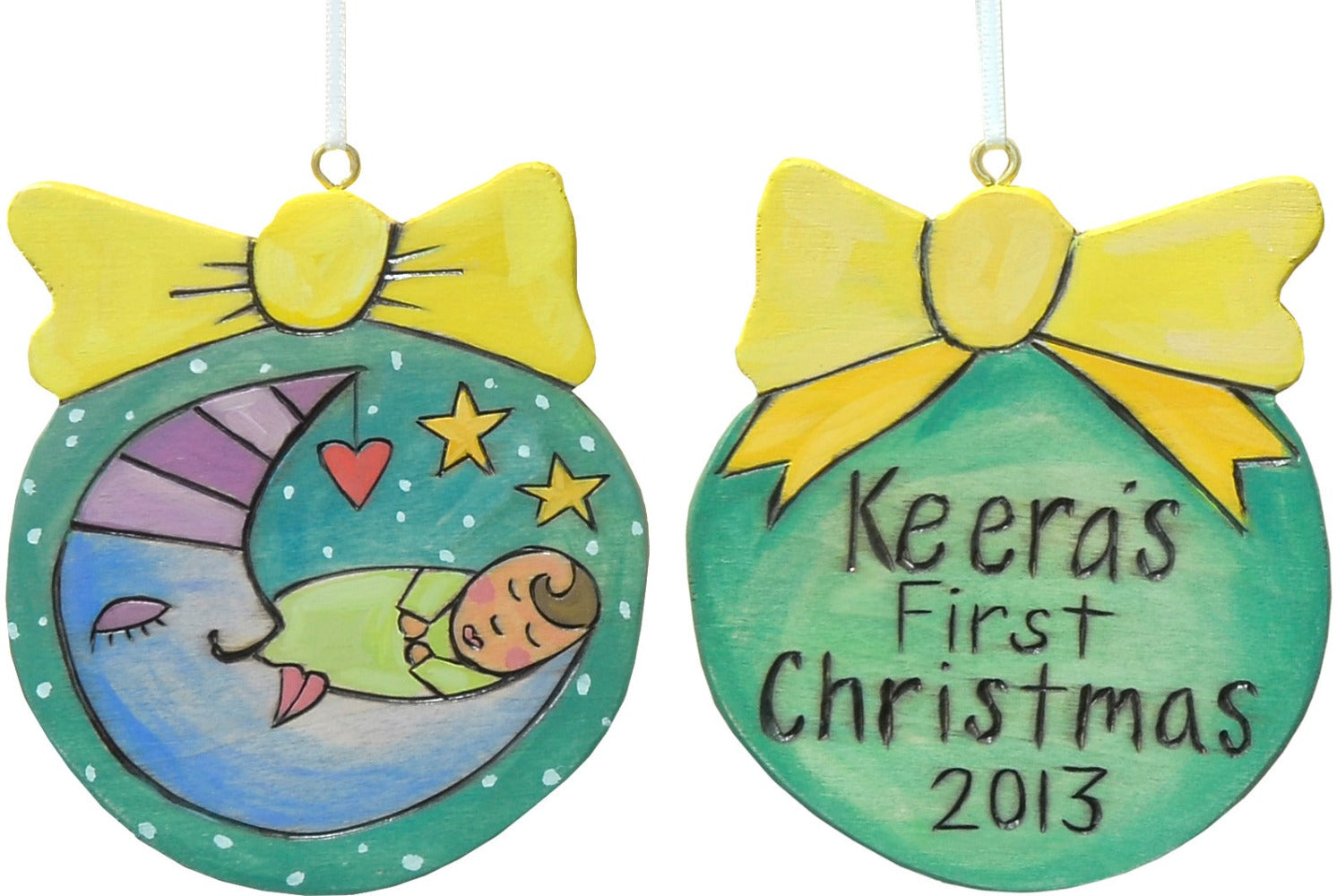 Remember a little one's first Christmas with this ball and bow ornament