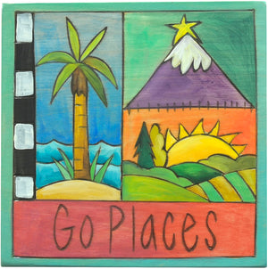"Go places" geographical plaque in a crazy quilt design 