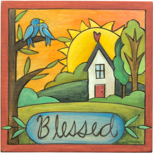 "Blessed" plaque with nestled birds and a house motif