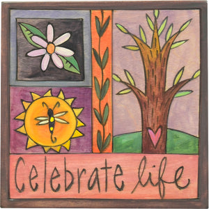 "Celebrate life" plaque with a tree of life in a crazy quilt motif