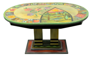 Elegant double pedestal oval table with boxed icon border and framed landscape motif