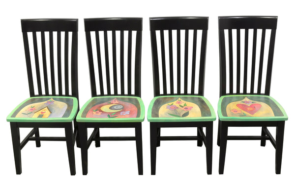 Bold and beautiful black chairs with Sticks icons and flowers on each seat