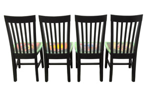 Bold and beautiful black chairs with Sticks icons and flowers on each seat