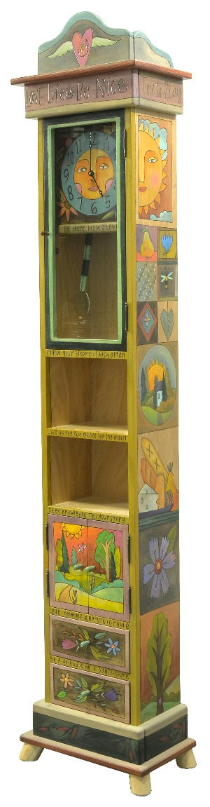 "Time to work, time to play" grandfather clock with charming crazy quilt designs on each side and a sunny clock face