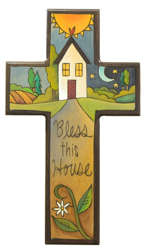 "Bless this house" plaque with a sweet Sticks home in a landscape motif