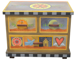 Small Dresser –  Eclectic dresser with boxed icon drawer fronts, tree of life scenes on sides, and flower medallion on top front view