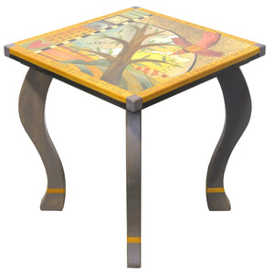 Large Square End Table –  Funky tree of life table design with soaring red bird and abstract line work main view