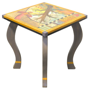 Large Square End Table –  Funky tree of life table design with soaring red bird and abstract line work side view