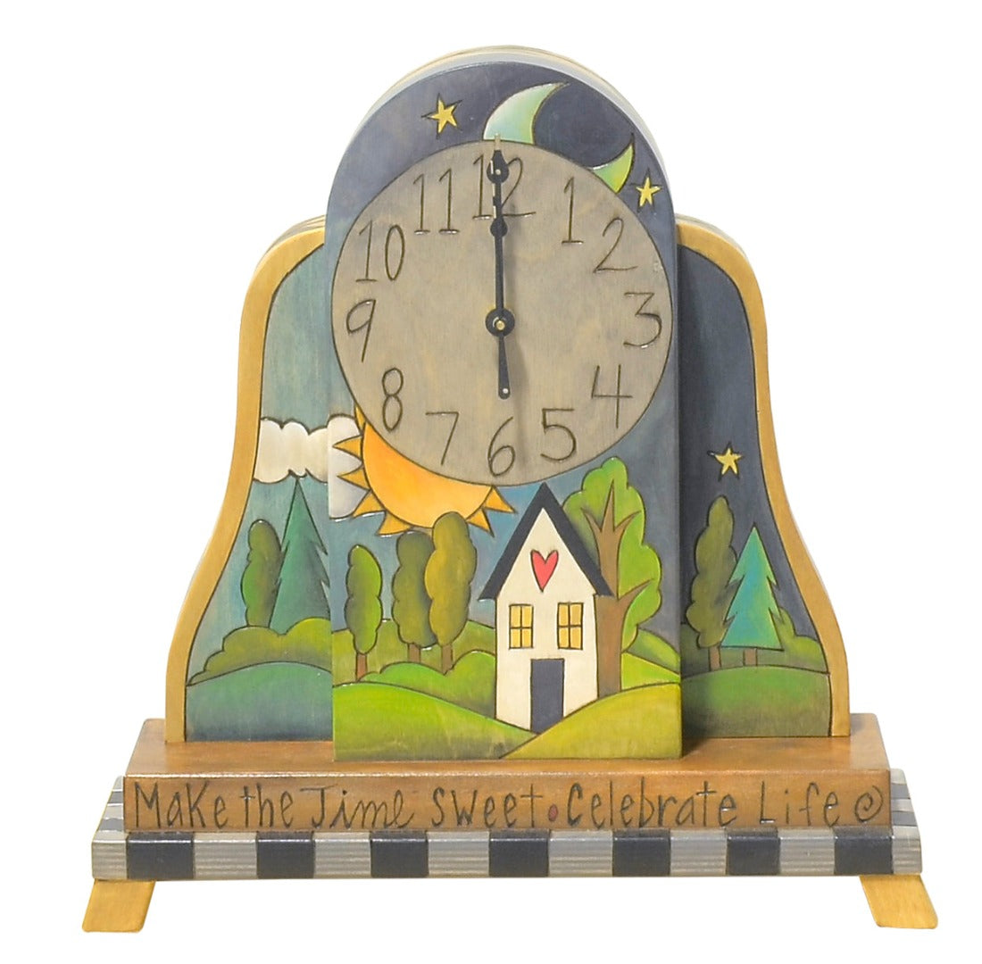 Mantel Clock –  Lovely landscape themed clock design with vine around edge and heart accent on the back main view