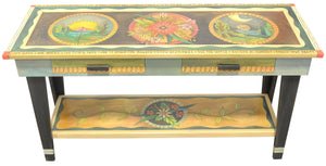 5ft Sofa Table with Drawers –  Elegant floral themed sofa table with encircled landscape scenes and floral sprays top view