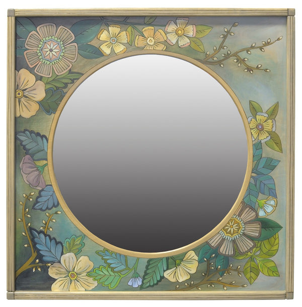 Square Mirror –  Beautiful blue, green, and ivory botanical mirror with flowers and willow branches