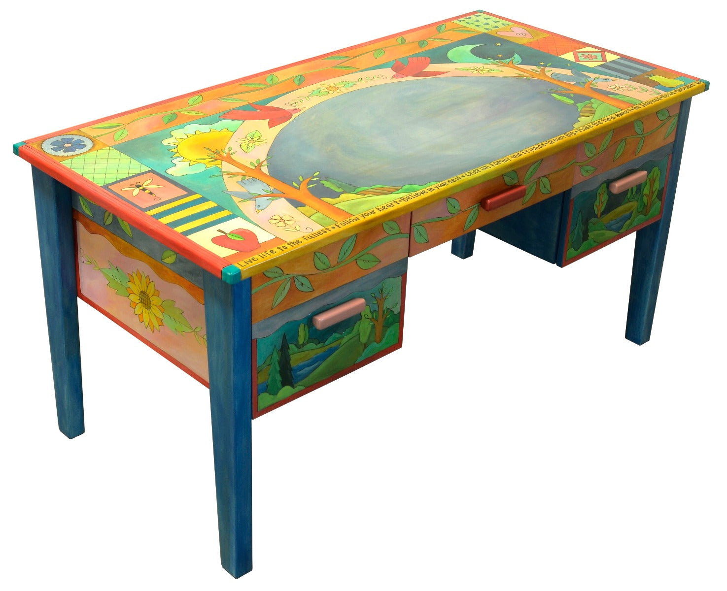 Large Desk –  Beautiful vibrant patchwork and tree of life desk motif with soaring birds over the writing area main view