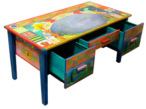 Large Desk –  Beautiful vibrant patchwork and tree of life desk motif with soaring birds over the writing area view with open drawers
