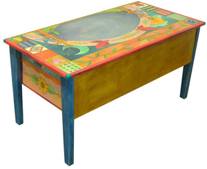 Large Desk –  Beautiful vibrant patchwork and tree of life desk motif with soaring birds over the writing area back view