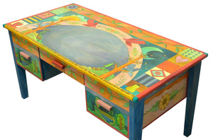 Large Desk –  Beautiful vibrant patchwork and tree of life desk motif with soaring birds over the writing area side view