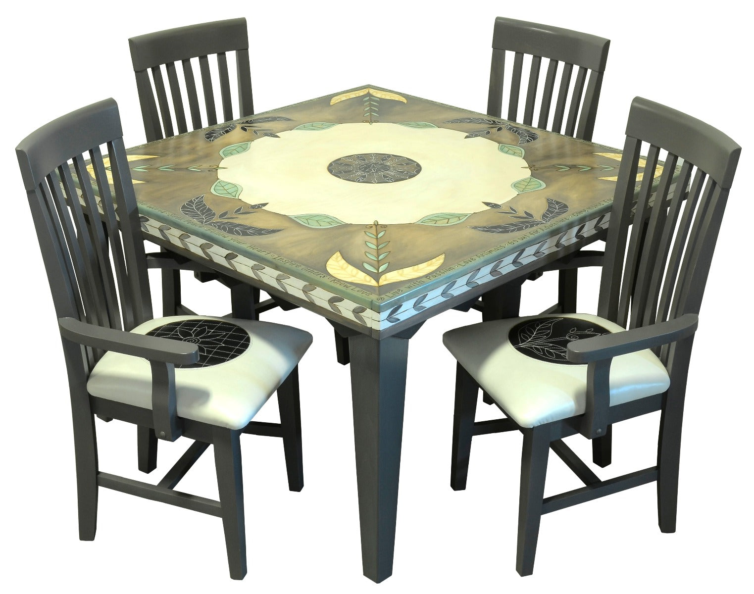 Square Dining Table –  Gorgeous understated botanical table design with scratchboard and whitewash treatments table with matching chairs