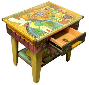 Nightstand with Open Shelf –  Bohemian style nightstand with eclectic symbols, patchwork, and a home-y landscape scene showing open drawer