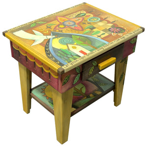 Nightstand with Open Shelf –  Bohemian style nightstand with eclectic symbols, patchwork, and a home-y landscape scene main view