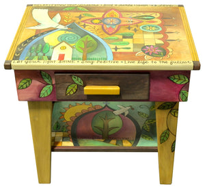 Nightstand with Open Shelf –  Bohemian style nightstand with eclectic symbols, patchwork, and a home-y landscape scene front view
