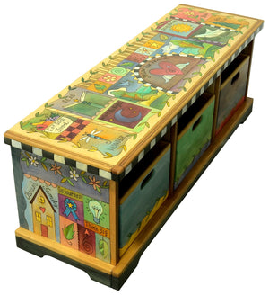 Storage Bench with Boxes –  Crazy quilt bench motif with a central heart with wings icon reminding you to "follow your heart" side view